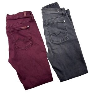 2 pair 7 For All Mankind Jeans Women 29/30 Black‎ Maroon Cotton Stretch Zip Fly